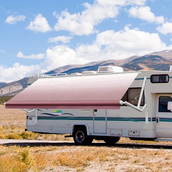 Suncode White Motorized RV Awning Modular Retractable RV Awning Complete Kit for RV,5th Wheel,Travel Trailers,Toy Haulers,and Motorhome RV Trailer Awning -15x8Ft-Burgundy Fade