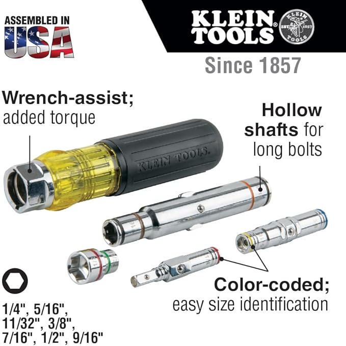 Klein Tools 32807MAG 7-in-1 Nut Driver, Magnetic Driver has SAE Hex Nut Sizes 1/4 to 9/16-Inch, Cushion Grip Handle for Added Torque