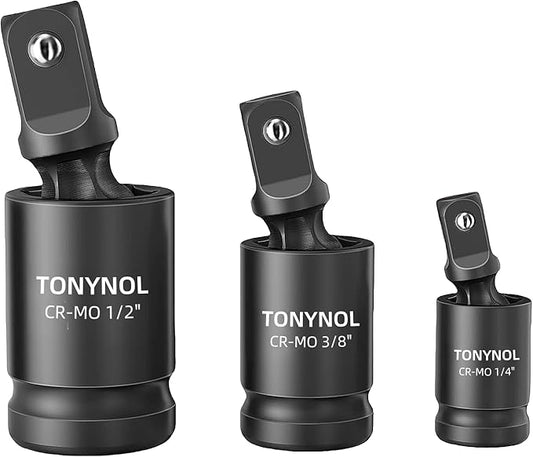 3 Pcs Universal Joint Swivel Socket Adapter Set 1/4",3/8"& 1/2"Drivers,U-Joint Drive CR-MO Impact Grad Wobble Socket Wrench Set。