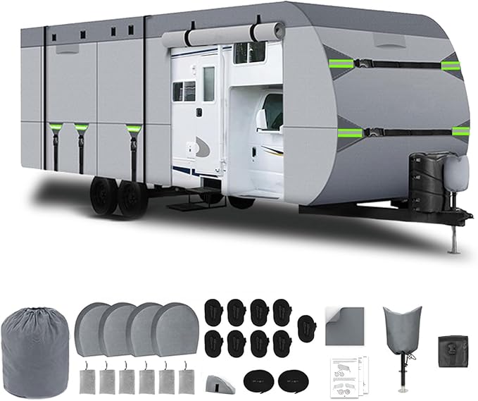 24-27FT RV Cover Upgraded 8 Layers Top Windproof Travel Trailer Camper Cover Cover for 24' to 27' RV, with Tire Cover,Hauler Cover Tongue Jack Extra Long Windproof Ropes
