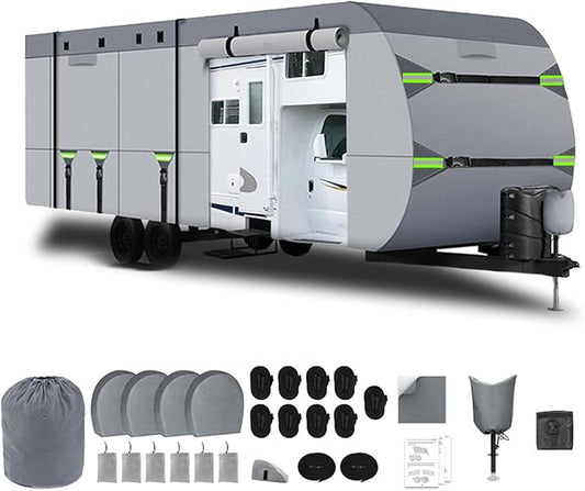 24-27FT RV Cover Upgraded 8 Layers Top Windproof Travel Trailer Camper Cover Cover for 24' to 27' RV, with Tire Cover,Hauler Cover Tongue Jack Extra Long Windproof Ropes