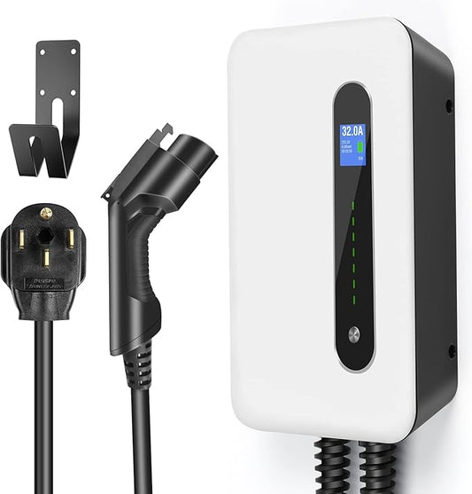 32A 7.68KW EV Charger Level 2 Station, NEMA14-50 20ft Wall Electric Vehicle Charging Station for Electric and Hybrid Vehicles