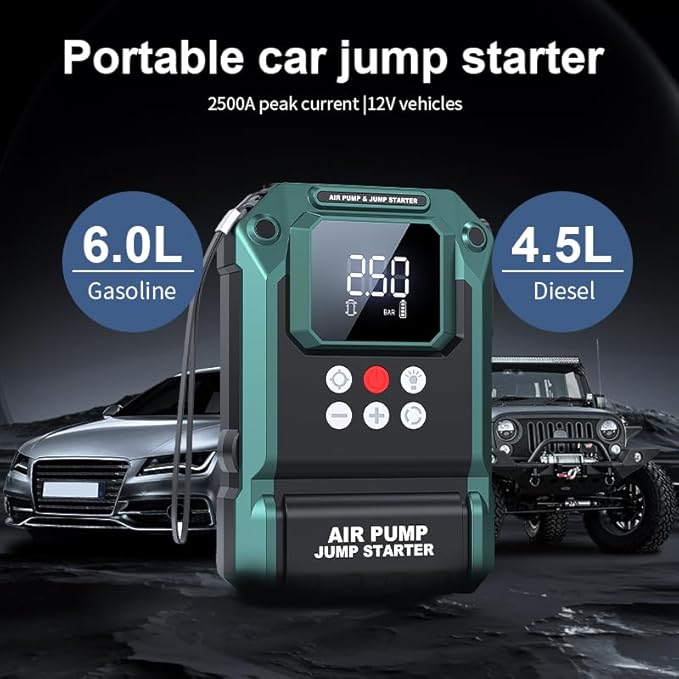 Jump Starter with Air Compressor,2000A 150PSI Car Jump Starter,21800mAh Battery Jump Starter Portable,12V Jump Box with Smart Jumper Cable LCD Display,Lights(Up All Gas/12.0L Diesel)