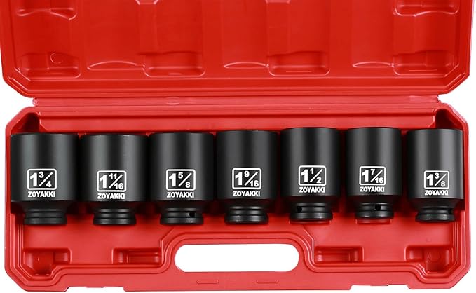 1/2" Drive Deep 6-Point Impact Socket Set,7 PCS Standard SAE (1-3/4 to 1-3/8inch) Spindle Axle Nut Impact Socket Set,Cr-Mo Alloy Steel for Auto Repair, Storage Case