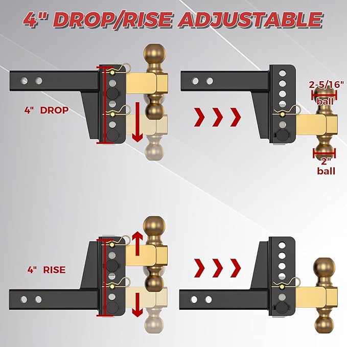 Adjustable Trailer Hitch, 4 Inch Drop Hitch Ball Mount, 20,000 LBS GTW, 2" & 2-5/16" Ball Hitch, Tow Hitch for Heavy Duty Truck with Double Hitch Locks and Pin, Solid Shank (2 Inch Receiver)