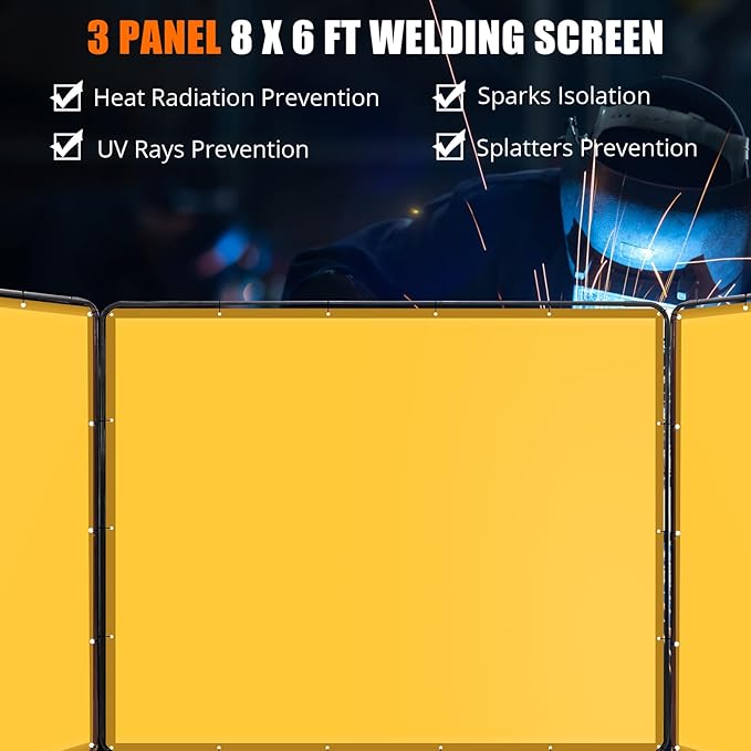 3 Panel 8x6 FT Vinyl Welding Screen with Frame, Flame-Resistant PVC Welding Curtain with Lockable Swivel Wheels, Transparent Welding Screen Panel for Welding Safety, Yellow