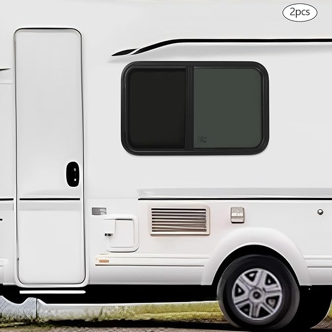 2PCs RV Window, Teardrop Horizontal Slide Black RV Window, Vertical Sliding RV Window 18" W x 30" H Horizontal Sliding Window Camper Trailer Window Horizontal Sliding Replacement Glass W/Trim Ring