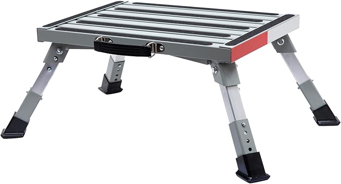 Homeon Wheels RV Step Stool, Adjustable Height Folding Iron Platform with Non-Slip Rubber Feet, Anti-Slip Stripe and Handle, Supports Up to 1000 lbs, 16.5" x 12.2", for Trailer, Truck, Outdoor Use