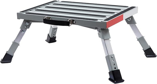 Homeon Wheels RV Step Stool, Adjustable Height Folding Iron Platform with Non-Slip Rubber Feet, Anti-Slip Stripe and Handle, Supports Up to 1000 lbs, 16.5" x 12.2", for Trailer, Truck, Outdoor Use