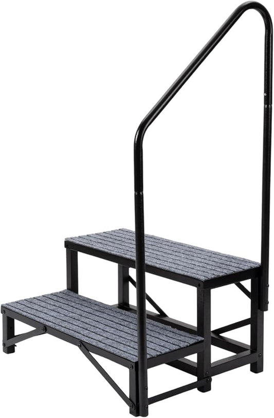2-Step RV Steps with 1 Handrail, Heavy-Duty RV Stairs for Camper, Hot Tub, Trailer & Porch with Non-Slip Mats