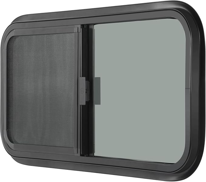 Horizontal RV Window, 24" W x 15" H Tinted Sliding RV Window with Net Screen and Trim Ring, Suitable for 15/16" or 1-3/8" and Slightly Thicker Up to 1/16" Walls, DOT Approved
