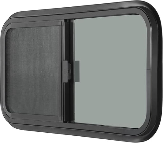 Horizontal RV Window, 24" W x 15" H Tinted Sliding RV Window with Net Screen and Trim Ring, Suitable for 15/16" or 1-3/8" and Slightly Thicker Up to 1/16" Walls, DOT Approved