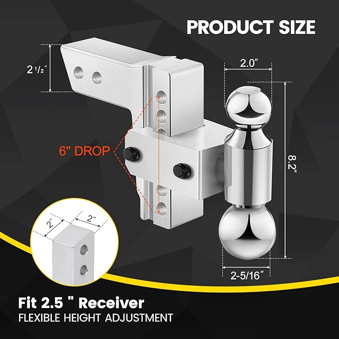 Adjustable Trailer Hitch for 2.5” Receiver, 18500 LBS GTW Aluminum - 6” Drop/Rise with 2-inch and 2-5/16 inch Dual Ball, w/Anti-Theft Lock & Hitch Tightener Silver