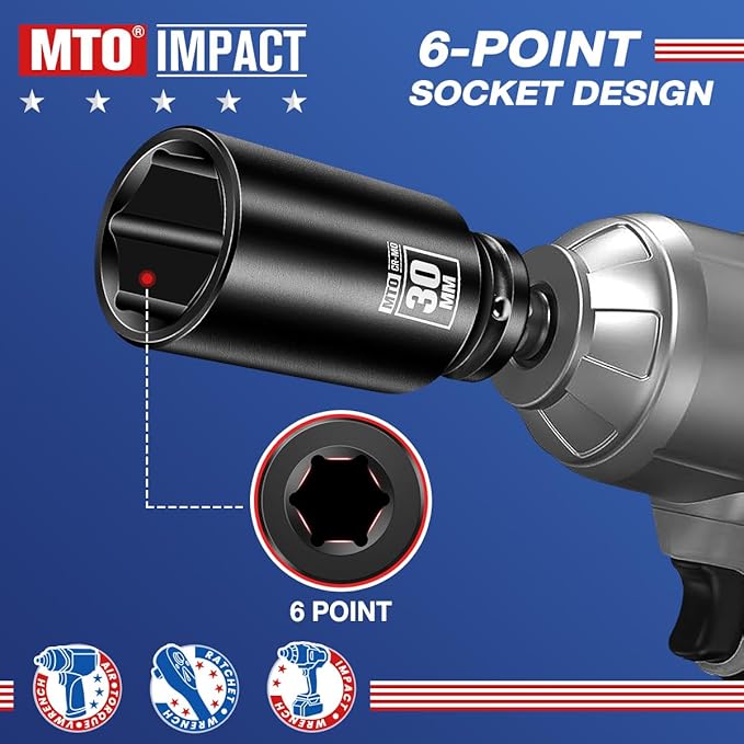 MTO 1/2" Drive 30mm Deep Impact Socket, 6 Pt. Metric Socket, CR-MO Steel & Anti-Corrosion Coating for Heavy-Duty Use