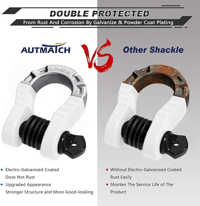 AUTMATCH D Ring Shackles 3/4" Mega Shackle (2 Pack) 68,000Ibs Break Strength - Heavy Duty Clevis Shackles with 7/8" Screw Pin and Isolator Washer for Tow Strap Winch Off Road Vehicle Recovery, White