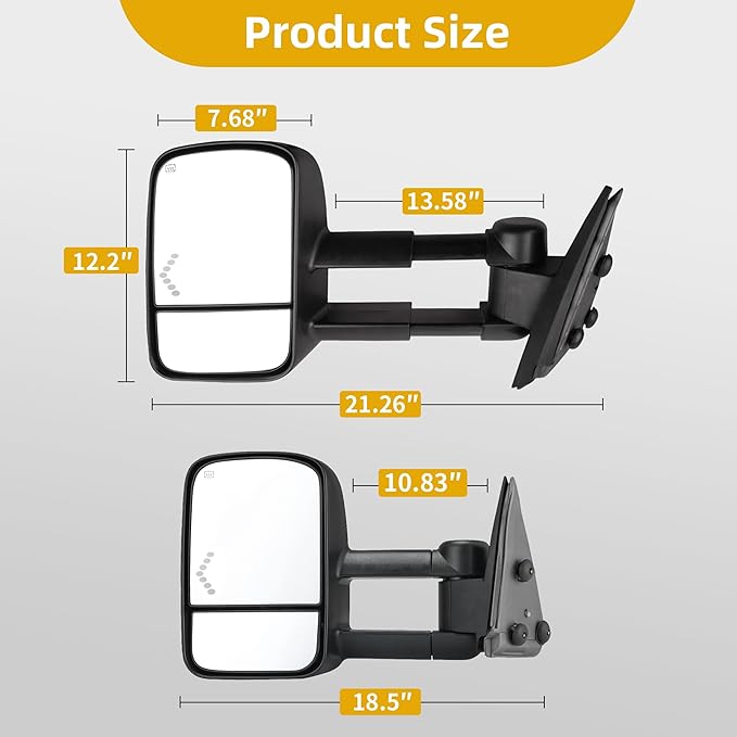 DWVO Power Heated Towing Mirrors for 2007-2013 Chevy Silverado 2500HD/3500HD, GMC Sierra, Avalanche 1500, Suburban 1500/2500, Tahoe, Telescoping with LED Turn Signal, Manual Folding, Black