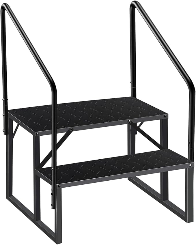 2 Step Stool Ladder, Hot Tub Steps with Anti-Slip Pedals and 2 Handrails, RV Stairs Outdoor, Heavy Duty Ladder for Travel Trailers Camper 5th Wheel RV Mobile Home Porch