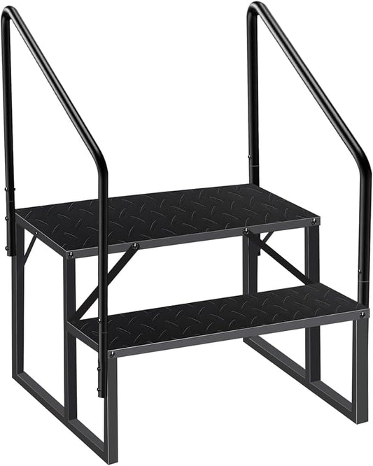 2 Step Stool Ladder, Hot Tub Steps with Anti-Slip Pedals and 2 Handrails, RV Stairs Outdoor, Heavy Duty Ladder for Travel Trailers Camper 5th Wheel RV Mobile Home Porch