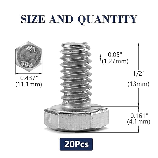 1/4-20 x 1/2" Hex Head Screw Bolt, 20Pcs 18-8 (304) Stainless Steel, Fully Threaded, Plain Finish, by SG TZH