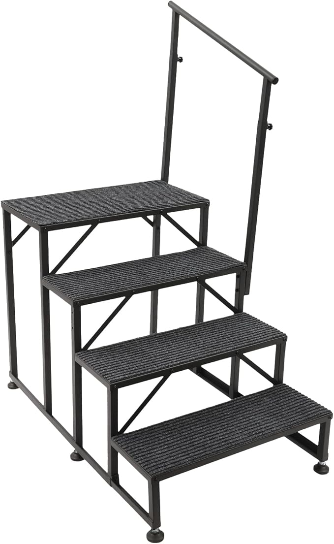 Updated Hot tub Steps & RV Steps with Single Side Handrail, 4 Steps Mobile Home Stairs Steps with 4Pcs Anti Slip Step Mats Heavy Duty Stairs for Travel Trailer, Motor Home, Camper