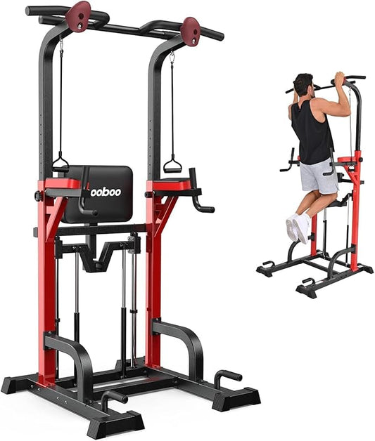 Power Tower Dip Station Pull Up Bar for Fitness Home Gym Workout,Multi-Function Adjustable Height Fitness Strength Training Exercise Equipment,with Power Elastic Ropes (Red Black)
