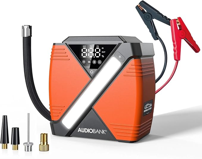 Audiobank A12 Multifunction 1500A Jump Starter with Air Compressor, 12000mAh Power Bank, 3A USB Charging, LED Flashlight, Compact Design for Cars, SUVs, Motorcycles, and Inflatable Items