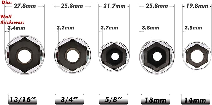 CASOMAN 3/8-Inch Drive Spark Plug Socket Set, 6-Point, 5/8-Inch, 3/4-Inch, 13/16-Inch, 14mm, 18mm, 5-Piece Set