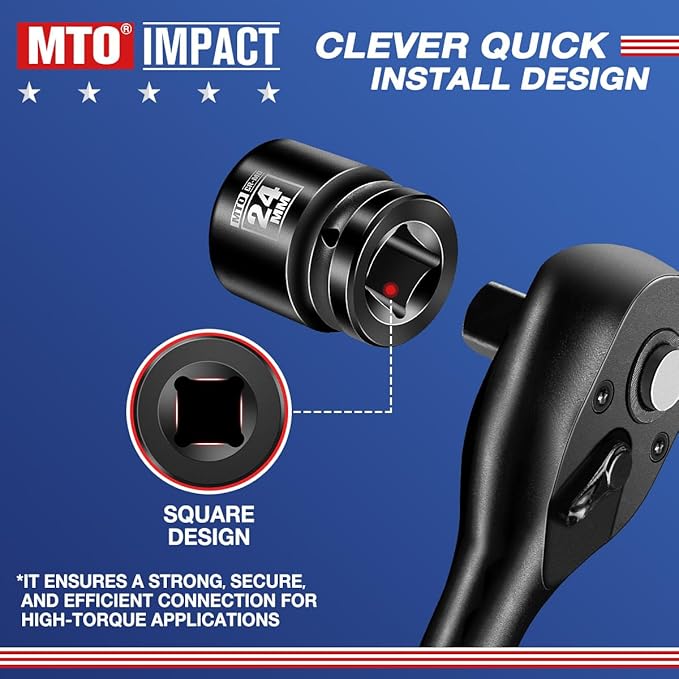 MTO 1/2" Drive 24mm Shallow Impact Socket, 6-Point Metric Socket, CR-MO Steel & Anti-Corrosion Coating for Tight Spaces and Heavy-Duty Tasks