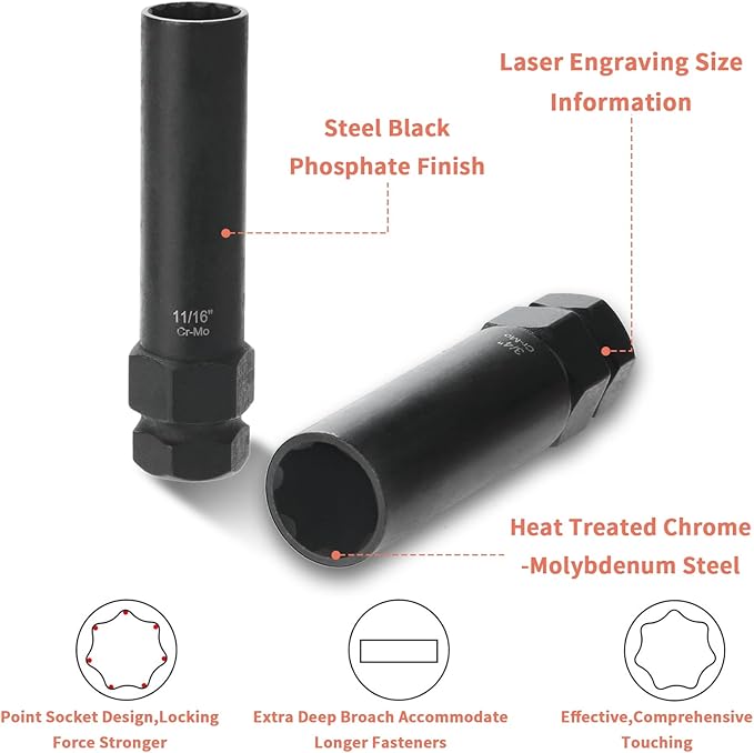 REBRA 6 Spline & 7 Spline Lug Nut Socket Set, Spline Lug Nut Lock Key, Locking Wheel Lug Nut Removal Tool for Easy Installation and Removal of Lug Nuts on Aftermarket Wheels (16-Pieces)
