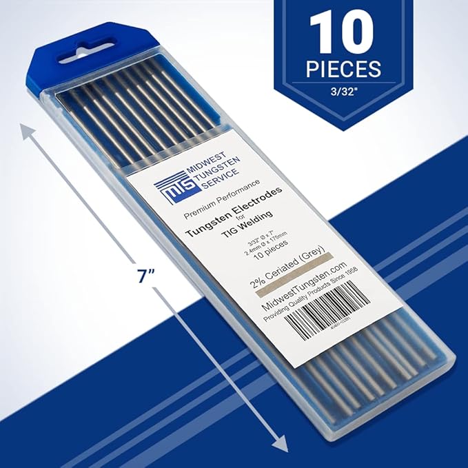 Midwest Tungsten Service TIG Welding Tungsten Electrodes 10-Pack (Grey - 2% Ceriated Tungsten (WC20/EWCe-2), 3/32")