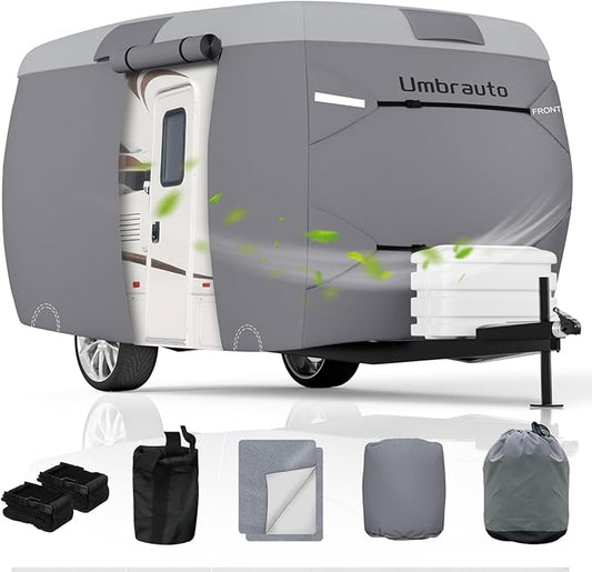 Umbrauto Fiberglass Travel Trailer Cover Fits 8'-10' Trailers, 2023 Upgraded 7 Layers Top Camper RV Cover with Windproof Strap,Adhesive Repair Patches