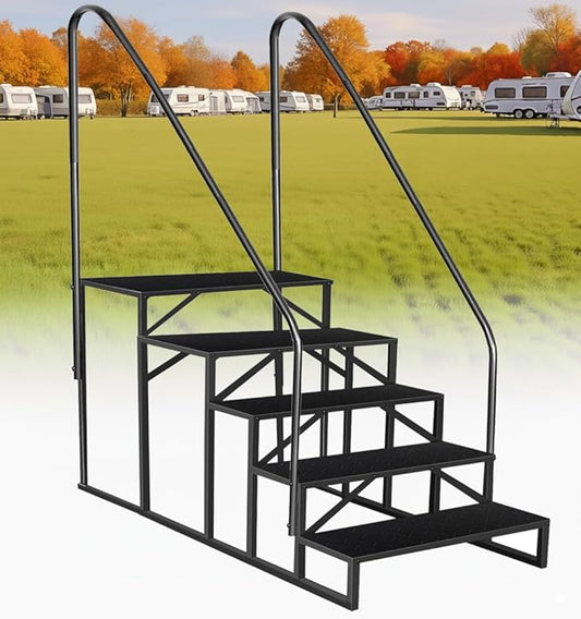 RV Steps with 2 Handrails, 5 Step RV Stairs 660lbs Load Capacity, Heavy Duty Camper Steps with Wide & Anti-Slip Platform, Portable Outdoor Metal Entry Stairs for Hot Tub, Mobile Home, Travel Trailers