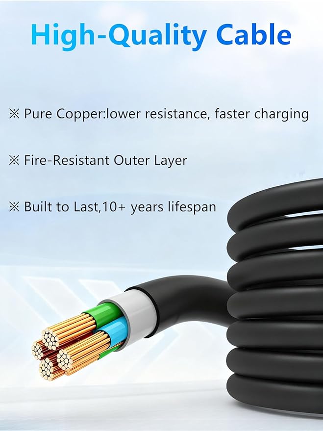 Level 2 EV Charger, 50 Amp, 240V, NEMA 14-50P Plug, 25FT Portable Electric Vehicle Charger for SAE J1772 Cars, Adjustable Current & Delay Timer, Fast Charging and Convenient for Home Use and Road Trip