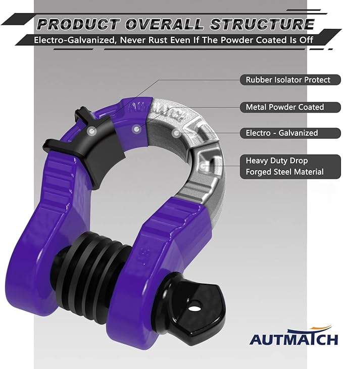 AUTMATCH D Ring Shackles 3/4" Mega Shackle (2 Pack) 68,000Ibs Break Strength - Heavy Duty Clevis Shackles with 7/8" Screw Pin and Isolator Washer for Tow Strap Winch Off Road Vehicle Recovery, Purple