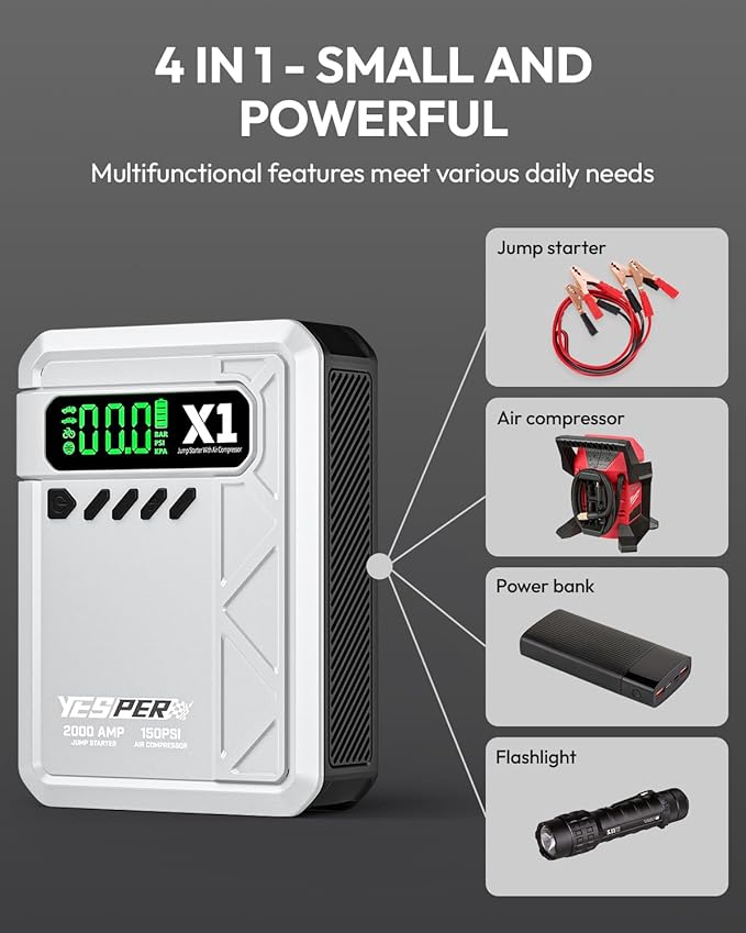 YESPER Jump Starter with Air Compressor 2000A 150PSI Battery Jumper Starter Portable(8L Gas/6L Diesel), 12V Car Jump Pack Battery Charger Jump Box with Jumper Cables, LCD Display, Lights(Grey)