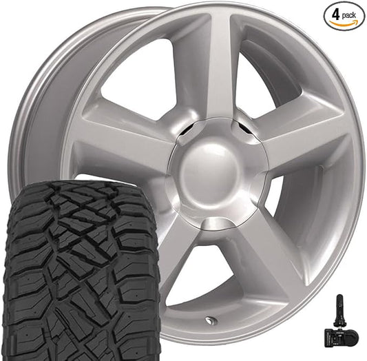 OE Wheels CV83 20 Inch Rims and Tires Fit Tahoe Style 6x139.7 20x8.5 Gloss Silver - Hollander 5308 - TerraMax RT 275/55-20 (Set of 4)