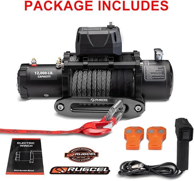 RUGCEL WINCH 12000lb 12V Truck Waterproof Electric Black Synthetic Rope Electric Winch with Hawse Fairlead,Wired Handle,2 Wireless Remote Control, Trailer Winch