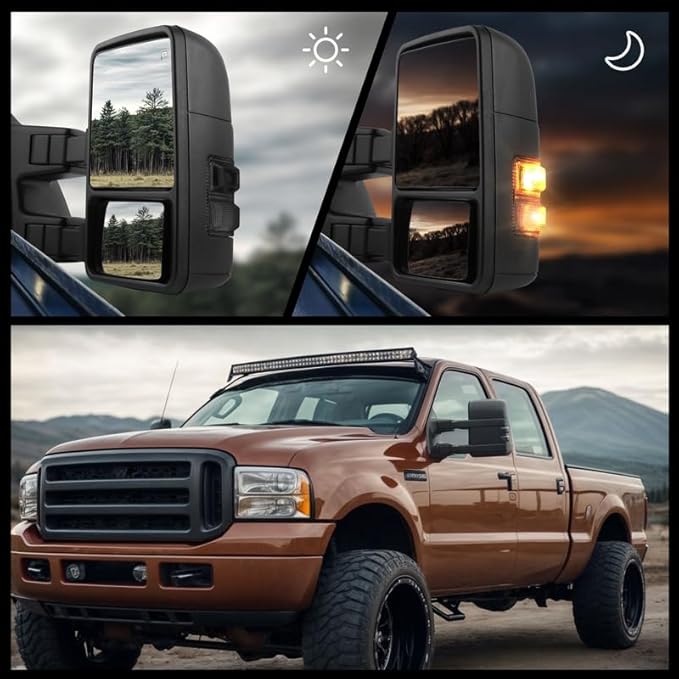 DWVO Tow Mirrors Compatible with 1999-2007 Ford F250 F350 F450 F550 Super Duty & 2000-2005 Ford Excursion, Electric Heated Rear View Side MirrorsSmoke LED Turn Signals, Black