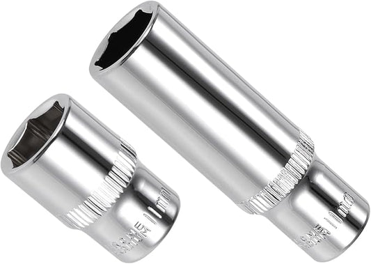 6-Point Socket, 1/4" Drive 11mm Deep, Polished Chromed CR-V Metric Deep and Shallow Impact Socket - (Applications: for Ratchet Torque Electric Wrenches Car Repair), 2-Pieces