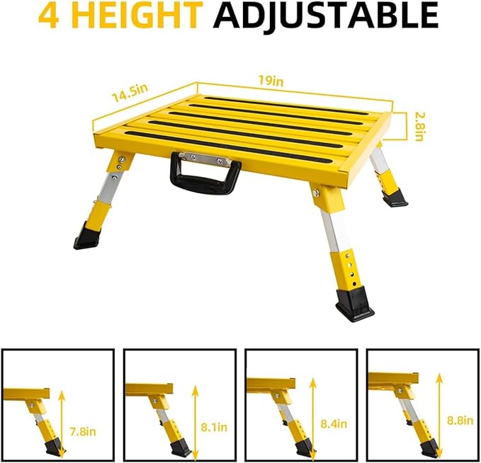 Homeon Wheels Aluminium RV Steps Adjustable Folding Step Stool with Non-Slip Rubber Feet, Stable Platform Supports 1500bs, Safety Strips, Handle, Easy Carry, Outdoor Camper Trailer Travel - Yellow