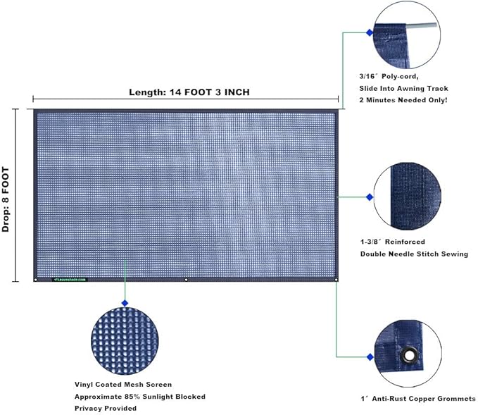 Tentproinc RV Awning Sunshade Screen 8'X14'3'' (Fit for 15' Awning) Mesh Sun Shade Block Front Sun Glary Motorhome Camping Trailer Awning UV Sunblocker Sunscreen - 3 Year Warranty (Navy Blue)