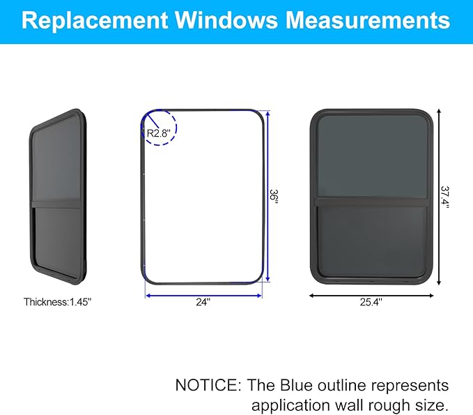 24" W x 36" H RV Window Vertical Sliding, DOT Certified - Shatterproof Tempered Tinted Glass, with Net Screen and Trim Ring, Teardrop Replacement Trailer Camper Window