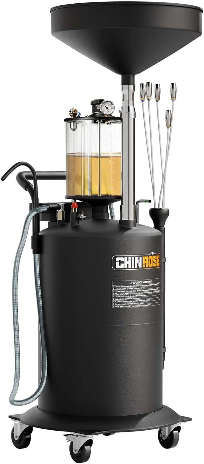 Waste Oil Drain Tank, 26.4 Gallon Capacity, Pneumatic Oil Extractor, 61 in. Suction/Drain Pipes, 3.17 Gallon Measuring Cup, <0.09MPa Vacuum