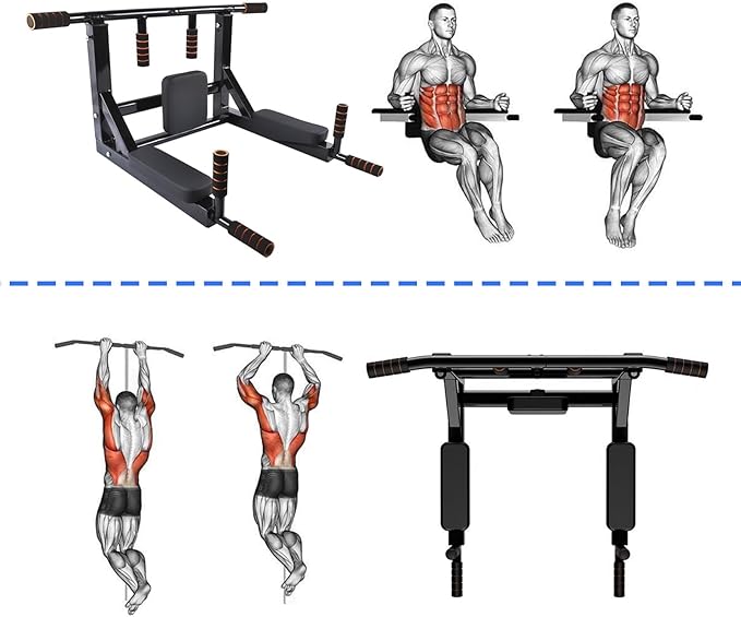 Wall Mounted Pull Up Bar Chin Up bar Multifunctional Adjustable Dip Station for Indoor Home Gym Workout, Power Tower Set Training Equipment Fitness Dip Stand Supports to 440 Lbs (Black)