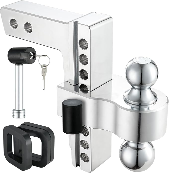 Adjustable Trailer Hitch, 8-Inch Drop/Rise Aluminum Shank – Fits 2" Receiver, 12,500 LBS GTW, Heavy Duty Drop Hitch with 3 Anti-Rattle Pads & 2 Locking Hitch Pin for Trucks