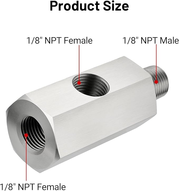 EVIL ENERGY 1/8 NPT Oil Pressure Sensor Tee Adapter, Stainless Steel 1/8 NPT Female to Male Threaded Oil Pressure Adapter with 1/8 NPT Female Port, Sliver