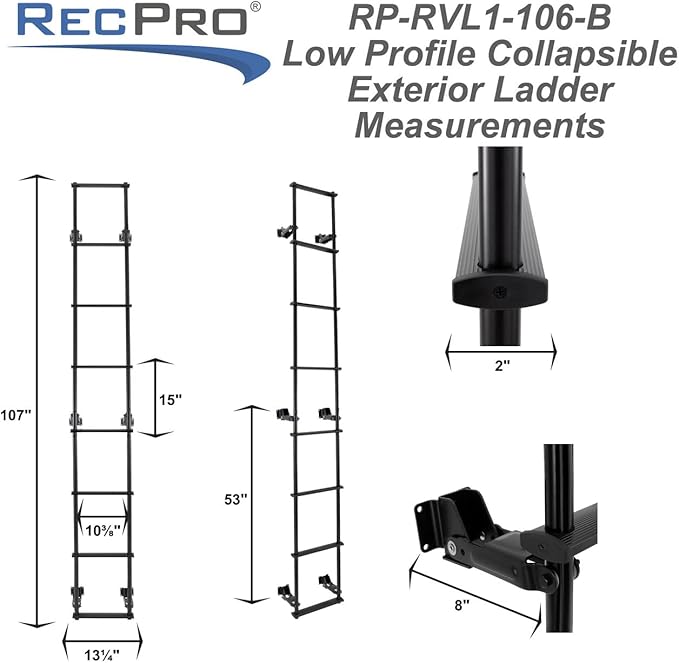 RecPro RV Toy Hauler Low Profile Universal 106.5" Collapsible Ladder with Hinges (Black)