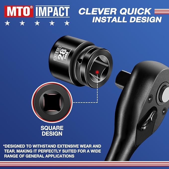 MTO 1/2" Drive 28mm Shallow Impact Socket, 6-Point Metric Socket for Automotive Maintaince, CR-V Steel Meets ANSI Standards