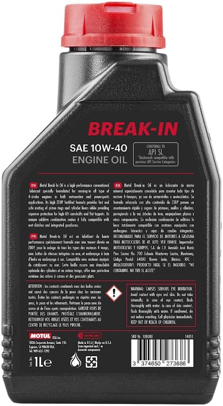 Motul 108080 Break-in Engine Oil 4T Engines Auto Truck Powersports SAE10W-40 Mineral Oil 1-Quart (Pack of 6)