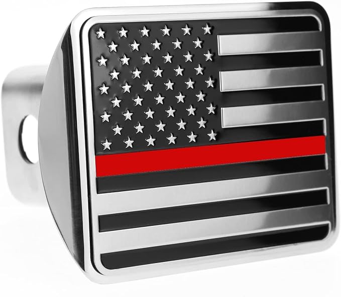 eVerHITCH USA Flag Stainless Steel Metal Hitch Cover (Fits 2" Receivers, Black & Chrome with Thin Red line)
